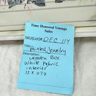 Sale Photo Thumbnail #230: Thomas Pacomi designer, 15X11 with 4 drawers and a lift off lid. Very heavy , with hand painted floral design in good condition. The drawers are divided for all kinds of jewelry. There is one repair photoed, to the edge of one of the drawers.