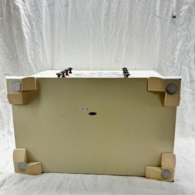 Sale Photo Thumbnail #233: Thomas Pacomi designer, 15X11 with 4 drawers and a lift off lid. Very heavy , with hand painted floral design in good condition. The drawers are divided for all kinds of jewelry. There is one repair photoed, to the edge of one of the drawers.