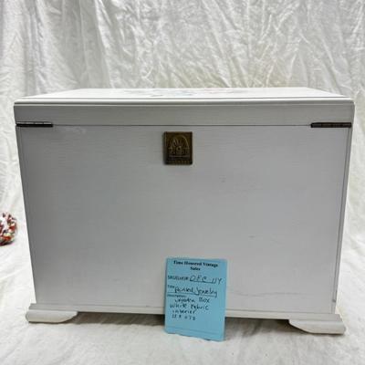 Sale Photo Thumbnail #236: Thomas Pacomi designer, 15X11 with 4 drawers and a lift off lid. Very heavy , with hand painted floral design in good condition. The drawers are divided for all kinds of jewelry. There is one repair photoed, to the edge of one of the drawers.