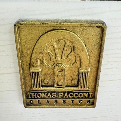 Sale Photo Thumbnail #235: Thomas Pacomi designer, 15X11 with 4 drawers and a lift off lid. Very heavy , with hand painted floral design in good condition. The drawers are divided for all kinds of jewelry. There is one repair photoed, to the edge of one of the drawers.