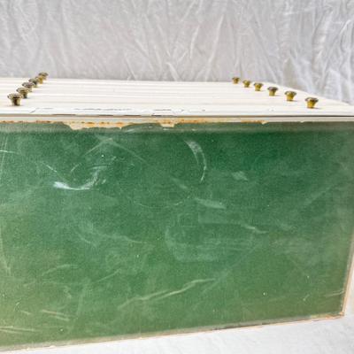 Sale Photo Thumbnail #246: Lined with purple material this "leatherette" box has divided drawers and is in good condition except for one small nick to one of the drawer fronts and a few areas of discoloration which I have not tried to clean. Measures 10X10X9"