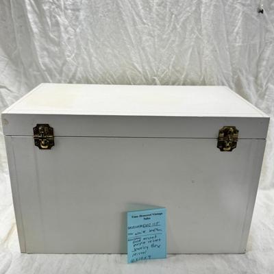 Sale Photo Thumbnail #248: Lined with purple material this "leatherette" box has divided drawers and is in good condition except for one small nick to one of the drawer fronts and a few areas of discoloration which I have not tried to clean. Measures 10X10X9"