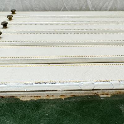 Sale Photo Thumbnail #247: Lined with purple material this "leatherette" box has divided drawers and is in good condition except for one small nick to one of the drawer fronts and a few areas of discoloration which I have not tried to clean. Measures 10X10X9"