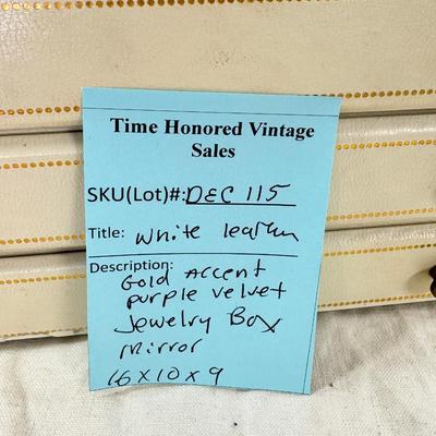 Sale Photo Thumbnail #244: Lined with purple material this "leatherette" box has divided drawers and is in good condition except for one small nick to one of the drawer fronts and a few areas of discoloration which I have not tried to clean. Measures 10X10X9"