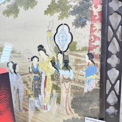 Sale Photo Thumbnail #255: 2 matching bamboo framed prints. 1 geisha theme print in a carved from. The vase is metal inside and quite heavy. New unopened Zen garden