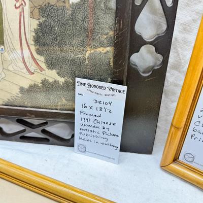 Sale Photo Thumbnail #256: 2 matching bamboo framed prints. 1 geisha theme print in a carved from. The vase is metal inside and quite heavy. New unopened Zen garden