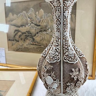 Sale Photo Thumbnail #260: 2 matching bamboo framed prints. 1 geisha theme print in a carved from. The vase is metal inside and quite heavy. New unopened Zen garden