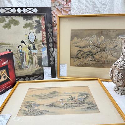 Sale Photo Thumbnail #264: 2 matching bamboo framed prints. 1 geisha theme print in a carved from. The vase is metal inside and quite heavy. New unopened Zen garden