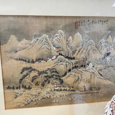 Sale Photo Thumbnail #253: 2 matching bamboo framed prints. 1 geisha theme print in a carved from. The vase is metal inside and quite heavy. New unopened Zen garden