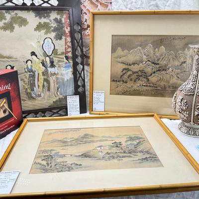 Sale Photo Thumbnail #249: 2 matching bamboo framed prints. 1 geisha theme print in a carved from. The vase is metal inside and quite heavy. New unopened Zen garden