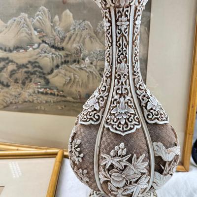 Sale Photo Thumbnail #259: 2 matching bamboo framed prints. 1 geisha theme print in a carved from. The vase is metal inside and quite heavy. New unopened Zen garden