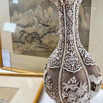 Sale Photo Thumbnail #263: 2 matching bamboo framed prints. 1 geisha theme print in a carved from. The vase is metal inside and quite heavy. New unopened Zen garden