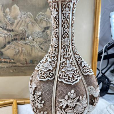 Sale Photo Thumbnail #258: 2 matching bamboo framed prints. 1 geisha theme print in a carved from. The vase is metal inside and quite heavy. New unopened Zen garden