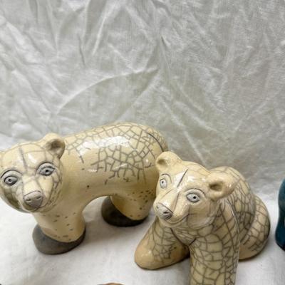 Sale Photo Thumbnail #289: Malachite carved animals , South African handmade raku ceramic animals, 2 resin pandas, Ceramic "stone" Polar bears,