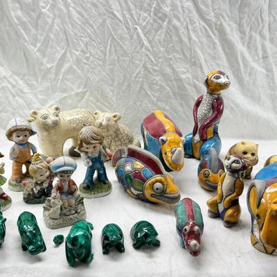 Sale Photo Thumbnail #282: Malachite carved animals , South African handmade raku ceramic animals, 2 resin pandas, Ceramic "stone" Polar bears,