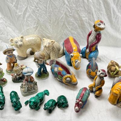 Sale Photo Thumbnail #292: Malachite carved animals , South African handmade raku ceramic animals, 2 resin pandas, Ceramic "stone" Polar bears,