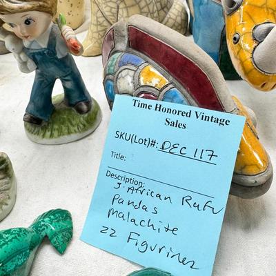 Sale Photo Thumbnail #291: Malachite carved animals , South African handmade raku ceramic animals, 2 resin pandas, Ceramic "stone" Polar bears,