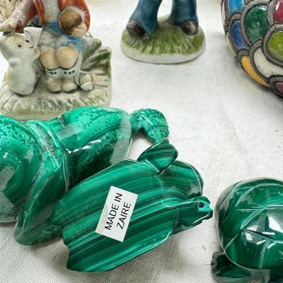 Sale Photo Thumbnail #284: Malachite carved animals , South African handmade raku ceramic animals, 2 resin pandas, Ceramic "stone" Polar bears,