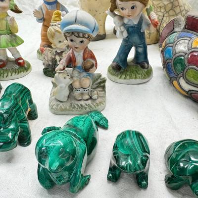 Sale Photo Thumbnail #283: Malachite carved animals , South African handmade raku ceramic animals, 2 resin pandas, Ceramic "stone" Polar bears,