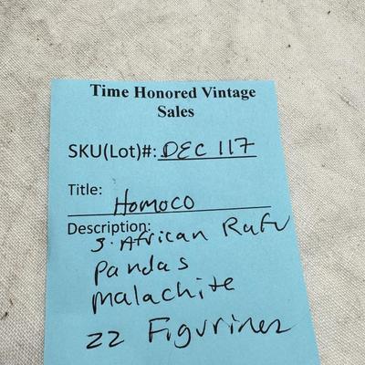 Sale Photo Thumbnail #294: Malachite carved animals , South African handmade raku ceramic animals, 2 resin pandas, Ceramic "stone" Polar bears,