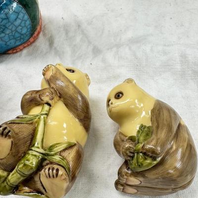 Sale Photo Thumbnail #288: Malachite carved animals , South African handmade raku ceramic animals, 2 resin pandas, Ceramic "stone" Polar bears,