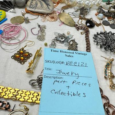 Sale Photo Thumbnail #315: Victorian vanity items, mirror, celluloid brush, shaving brush, early plastic containers. Beads, chains, Jewelry, necklaces, pins, bracelets, there are some strands that might need repair, there is a bag of extra beads, single earrings and of course a bag