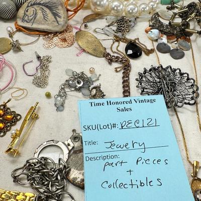 Sale Photo Thumbnail #306: Victorian vanity items, mirror, celluloid brush, shaving brush, early plastic containers. Beads, chains, Jewelry, necklaces, pins, bracelets, there are some strands that might need repair, there is a bag of extra beads, single earrings and of course a bag