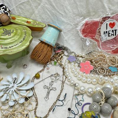 Sale Photo Thumbnail #311: Victorian vanity items, mirror, celluloid brush, shaving brush, early plastic containers. Beads, chains, Jewelry, necklaces, pins, bracelets, there are some strands that might need repair, there is a bag of extra beads, single earrings and of course a bag