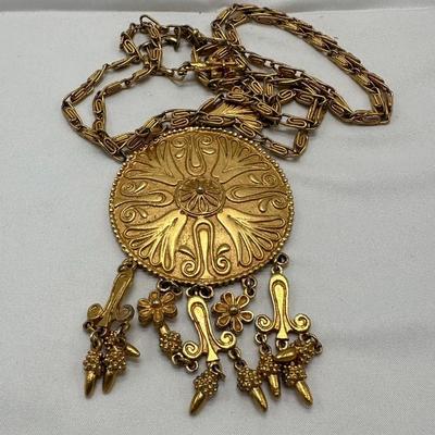 Vintage VENDOME Etruscan Revival White Wash Gold Tone Large Pendant Necklace