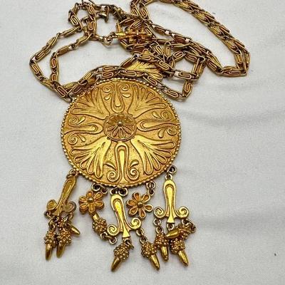 Vintage VENDOME Etruscan Revival White Wash Gold Tone Large Pendant Necklace