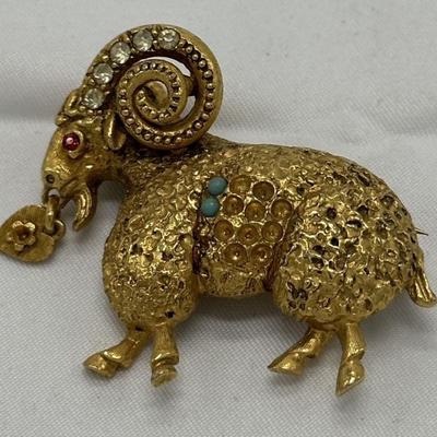 Rare Vintage Ram Brooch or Pin, Vintage Figural Sculptural Textured Jeweled Ram Brooch With Turquoise and Crystal Accents
