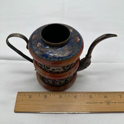 CHINESE TIBETAN SILVER CARVED JADE ENAMEL TEA POT