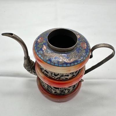 CHINESE TIBETAN SILVER CARVED JADE ENAMEL TEA POT