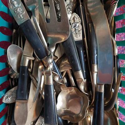 Vintage Siam Thailand Rosewood & Bronze Flatware Set