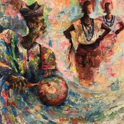 Vibrant 2008 Oil Painting by Nigerian Artist Kayode Malomo: Joyful Drummers in Traditional Attire