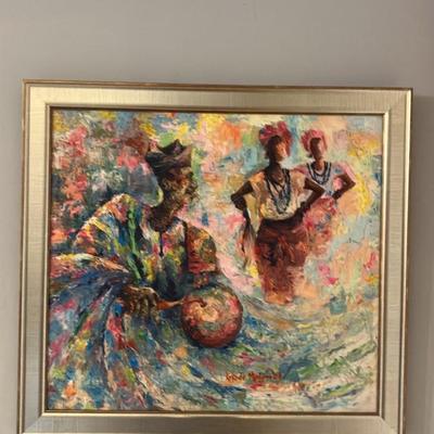 Vibrant 2008 Oil Painting by Nigerian Artist Kayode Malomo: Joyful Drummers in Traditional Attire