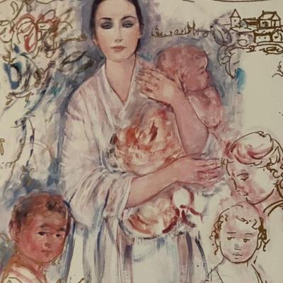 Vintage Edna Hibel Signed Lithograph - Mother & Children Art Print, Framed 14x21"