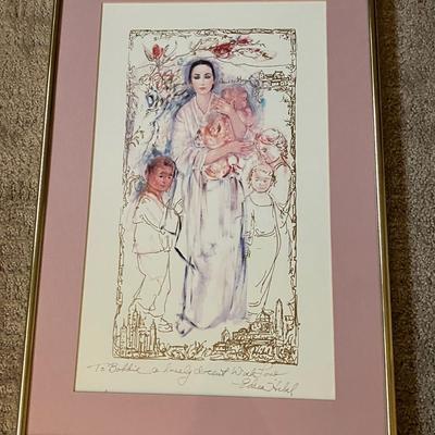 Vintage Edna Hibel Signed Lithograph - Mother & Children Art Print, Framed 14x21"