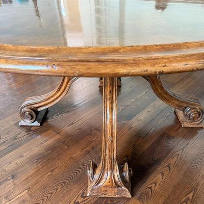 Sale Photo Thumbnail #15: Late 20th C Therien Studio Workshop French Provincial (1700-1800) Volute Round Stained Walnut Wood Dining Table.
Approximate Size 64" x 28"
“In great overall condition. Center marks and one large scratch mark on the top. General marks, nicks, scratches 