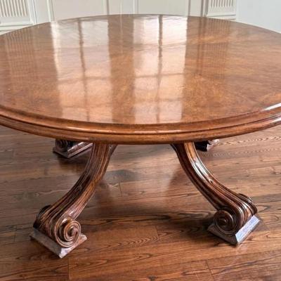 Sale Photo Thumbnail #14: Late 20th C Therien Studio Workshop French Provincial (1700-1800) Volute Round Stained Walnut Wood Dining Table.
Approximate Size 64" x 28"
“In great overall condition. Center marks and one large scratch mark on the top. General marks, nicks, scratches 