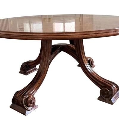 Sale Photo Thumbnail #13: Late 20th C Therien Studio Workshop French Provincial (1700-1800) Volute Round Stained Walnut Wood Dining Table.
Approximate Size 64" x 28"
“In great overall condition. Center marks and one large scratch mark on the top. General marks, nicks, scratches 