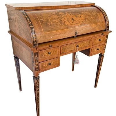 Sale Photo Thumbnail #17: 20th Century Antique Italian Walnut Rosewood & Marquetry Cylinder Bureau Writing Desk. Decorated borders, the fall with oval figural roundel and enclosing a fitted interior with sliding writing surface and 4 drawers. 5 drawers about the arched kneehole wi