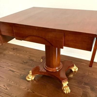Sale Photo Thumbnail #37: Antique Early 20th Century (1920's ) Swedish Karl-Johan Biedermeier Style Extendable Drop Leaf Mahogany Wood Salon Table on Column Base w Gold Claw Feet (one was repaired)
Approximate Size 34" x 27" x 29.5"

“In good condition consistent with age. Gener