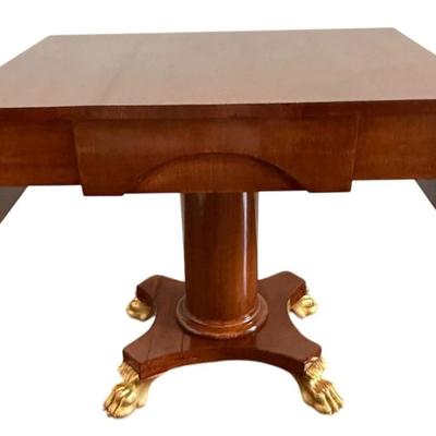 Sale Photo Thumbnail #35: Antique Early 20th Century (1920's ) Swedish Karl-Johan Biedermeier Style Extendable Drop Leaf Mahogany Wood Salon Table on Column Base w Gold Claw Feet (one was repaired)
Approximate Size 34" x 27" x 29.5"

“In good condition consistent with age. Gener
