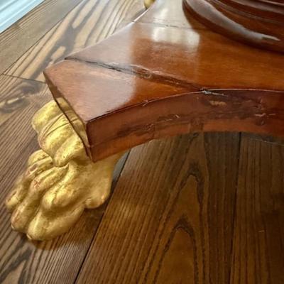 Sale Photo Thumbnail #40: Antique Early 20th Century (1920's ) Swedish Karl-Johan Biedermeier Style Extendable Drop Leaf Mahogany Wood Salon Table on Column Base w Gold Claw Feet (one was repaired)
Approximate Size 34" x 27" x 29.5"

“In good condition consistent with age. Gener