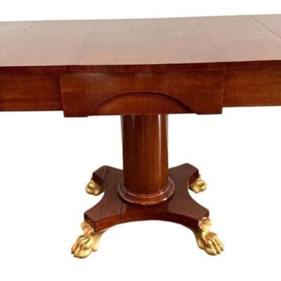 Sale Photo Thumbnail #36: Antique Early 20th Century (1920's ) Swedish Karl-Johan Biedermeier Style Extendable Drop Leaf Mahogany Wood Salon Table on Column Base w Gold Claw Feet (one was repaired)
Approximate Size 34" x 27" x 29.5"

“In good condition consistent with age. Gener