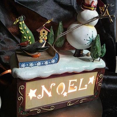 Vintage Lighted Snowman Skiing with Penguin Holiday Figurine - Illuminated "NOEL" Christmas Scene