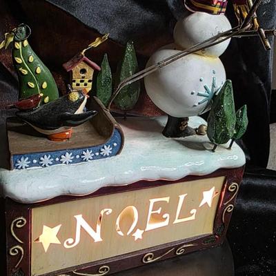 Vintage Lighted Snowman Skiing with Penguin Holiday Figurine - Illuminated "NOEL" Christmas Scene