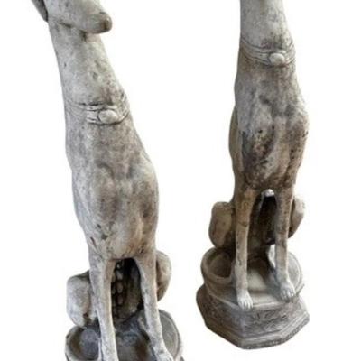 Sale Photo Thumbnail #45: Pair of Cast Concrete Greyhound Whippet Dog Garden Sculptures  9" x 31" Each
In used condition with color variation throughout, marks and nicks