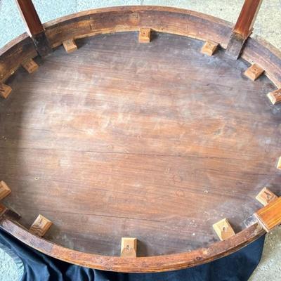 Sale Photo Thumbnail #49: Antique American Federal Neoclassical Oval Inlay Wood Dining Banquet Table  48" x 38.5" x 30"
Has some signs of use on top with scratch marks. Metal feet have marks/tarnish